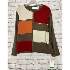 Vintage NWT Alfred Dunner Women's Brown‎ Red Color Block Knit Top Sweater Size L